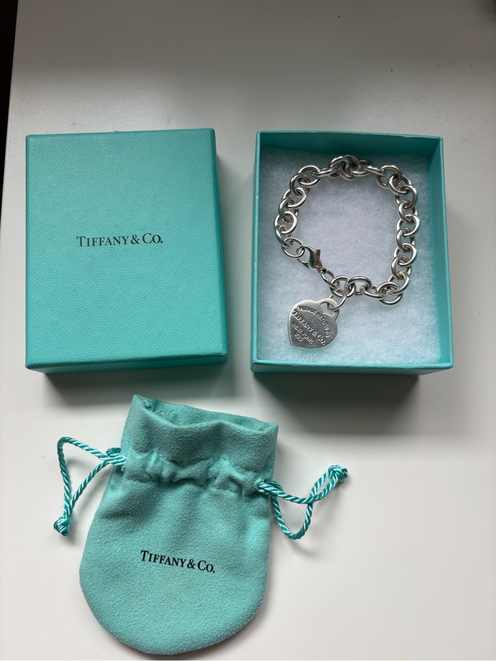 AuthenticTiffany & Co. Sterling Silver Link Bracelet with Heart Charm